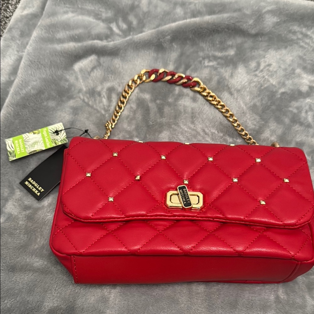 Badgley Mischka Red Quilted Shoulder Bag with Gold Chain